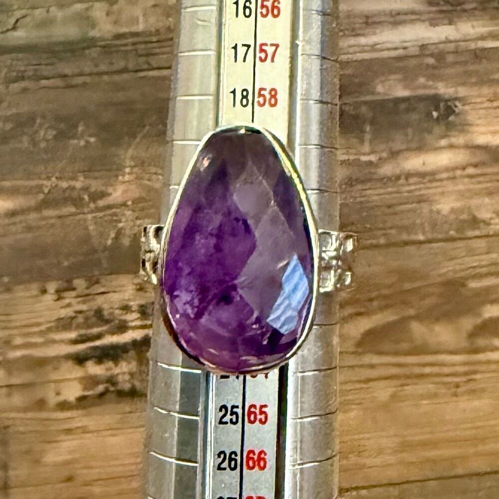 Natural Amethyst Faceted Teardrop Solitaire Sterling Silver Statement Ring Sz 10